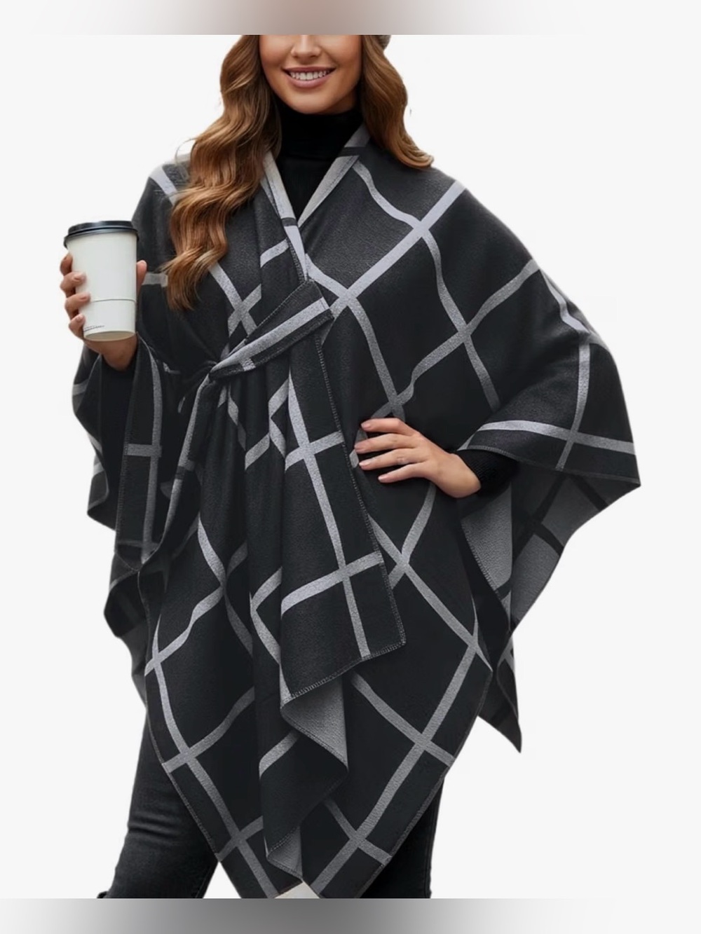 Windowpane Black/Grey Reversible Open Front Ruana Poncho
